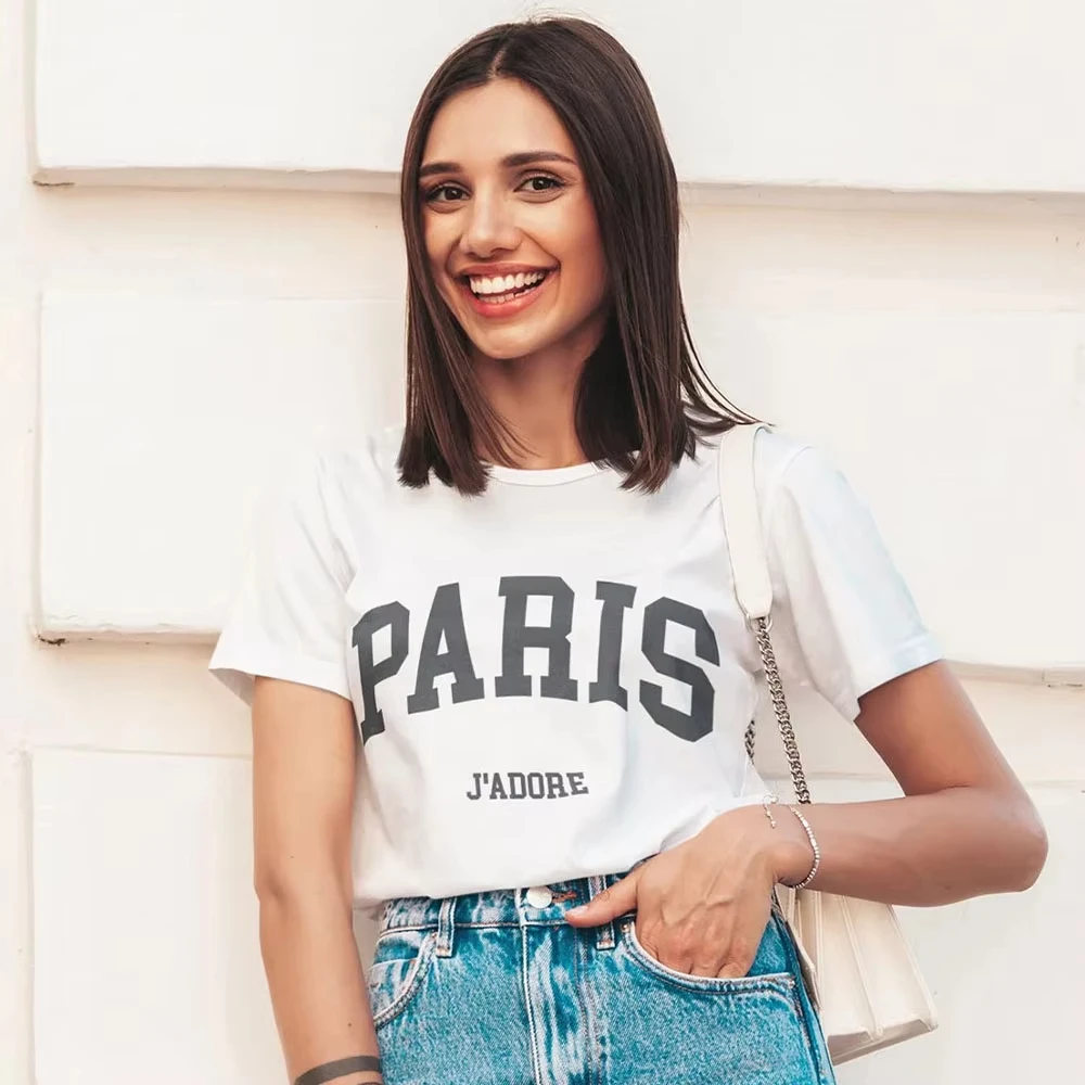 

Merci Paris Letters Printed Women White Short Sleeve T Shirts Short Sleeve Loose Cotton Casual Tops Ins Fashion 2025 Summer Tees
