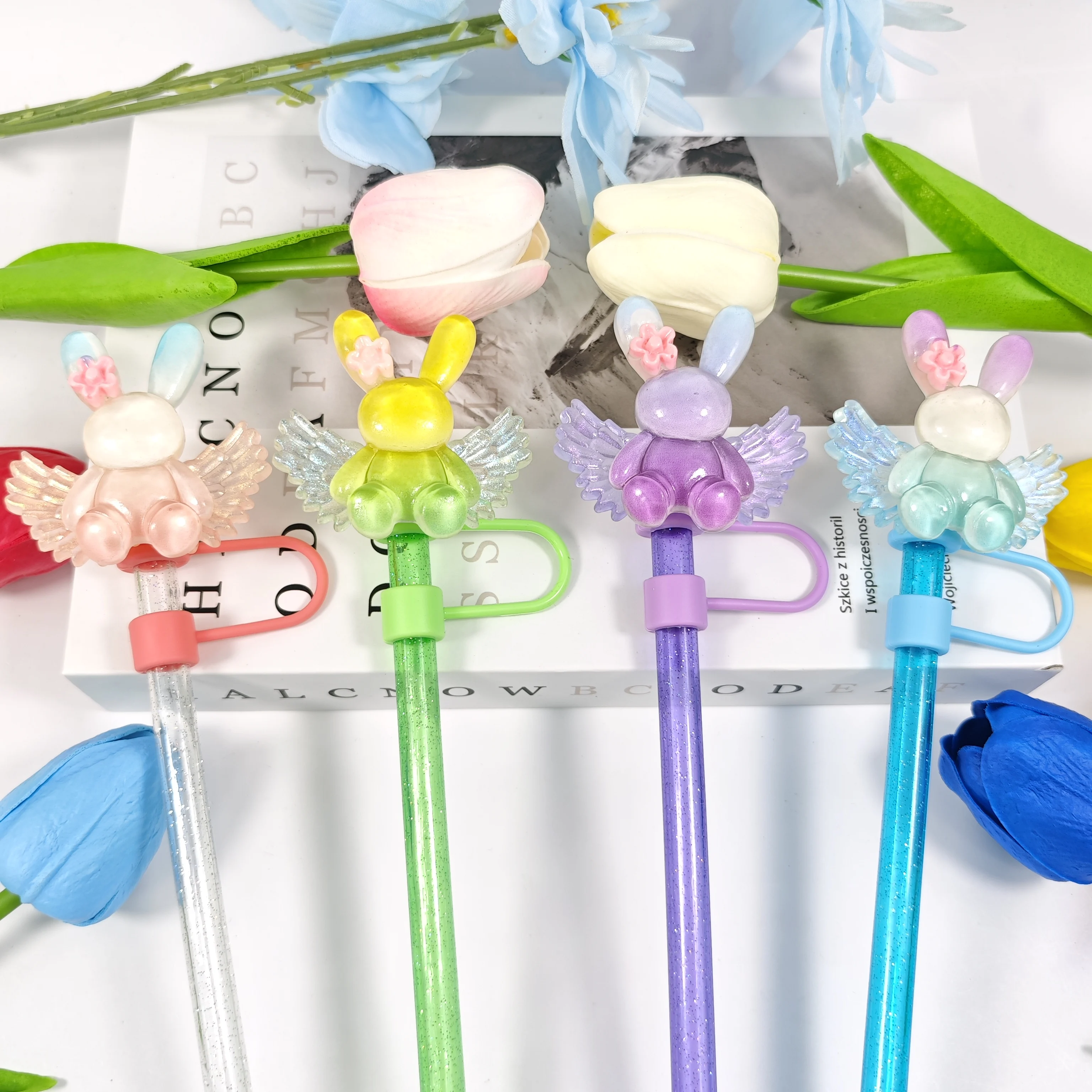 

New Gradient Dye Rabbit Angel Wing Series Straw Cover Dust Cap