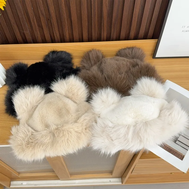 Thicken Plush Fur Hats Bear Ear Fur Cap Mongolian Hat Brimless Plush Fluffy Skiing Riding Warm Caps for Girls Women Winter Gifts