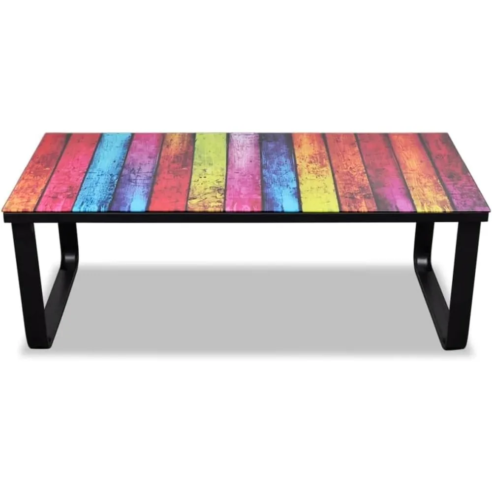 Modern Coffee Table with Rainbow Printing Glass Top - Rectangular, Black Iron Frame, Tempered Glass, Industrial Style, Living R