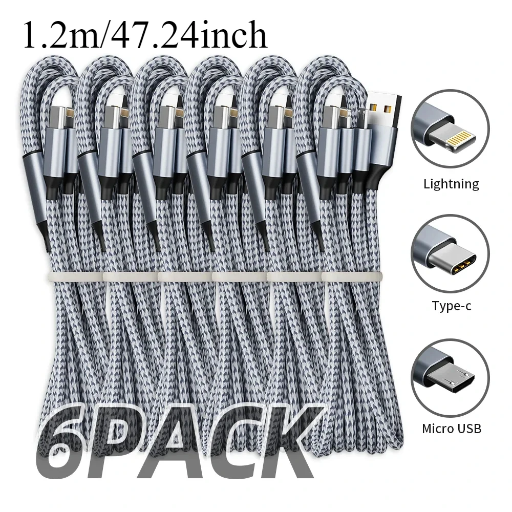 6 Pcs 3-in-1 nylon braided Usb Cable for a variety of devices MFi certified USB Fast charging with Type-C Micro USB IP interface