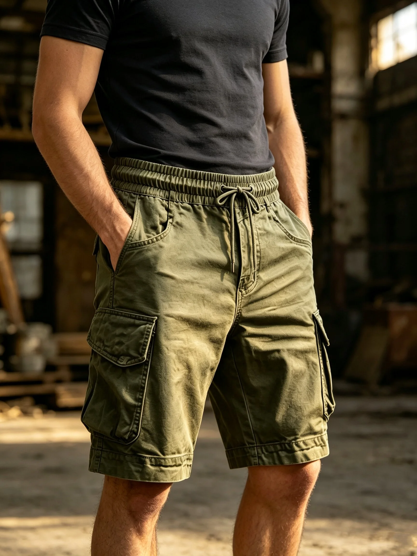 Men Cargo Shorts  Summer Fashion High Elastic Drawstring Casual Shorts  Plus Size Cotton  Daily Workwear Walking Straight Shorts