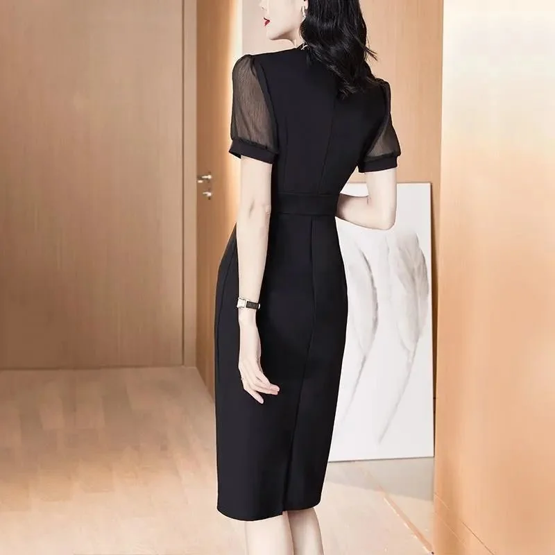Summer Women New V-neck Short-sleeved High-end Slim Temperament Bag Hip Black Hepburn Wind Dress Women Splicing Mid Length Dress