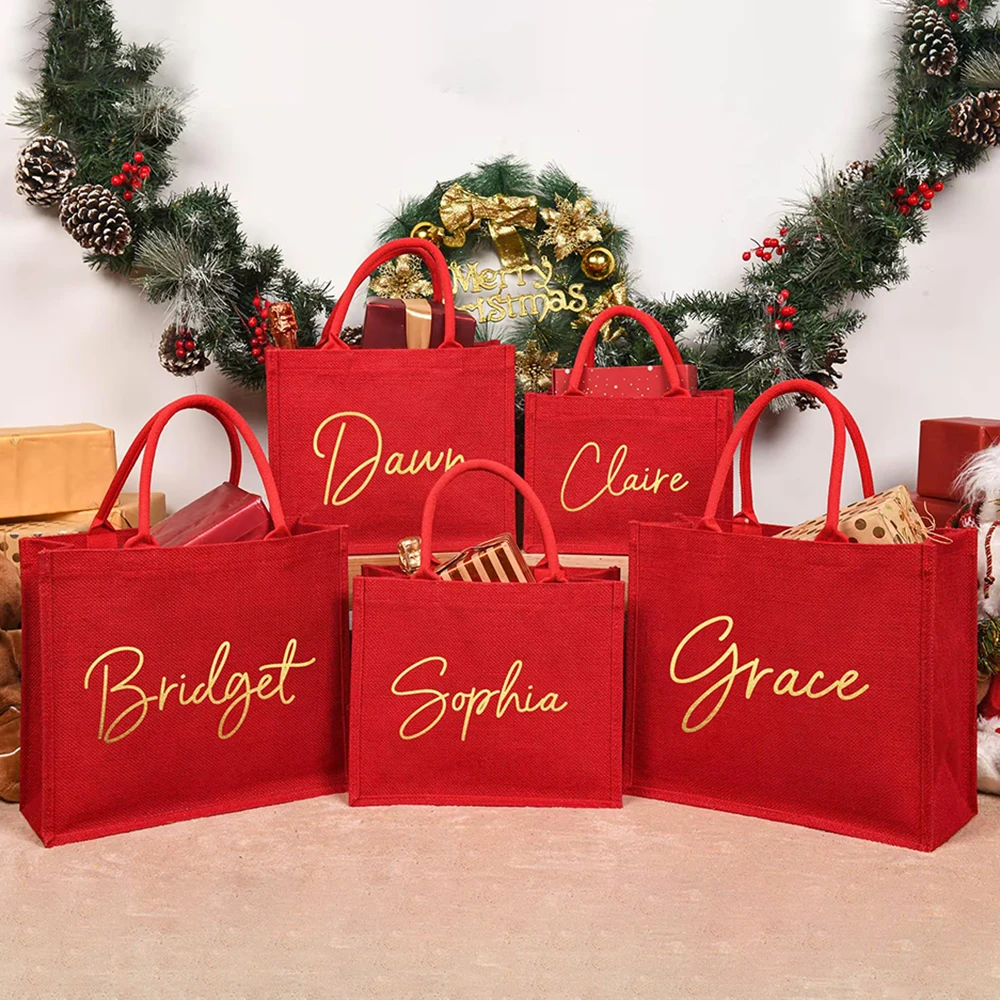 

Personalized Christmas Gift Bags Custom Bridesmaid Wedding Red Large Burlap Christmas Eve Holiday Party Gift Tote Bags Sacks