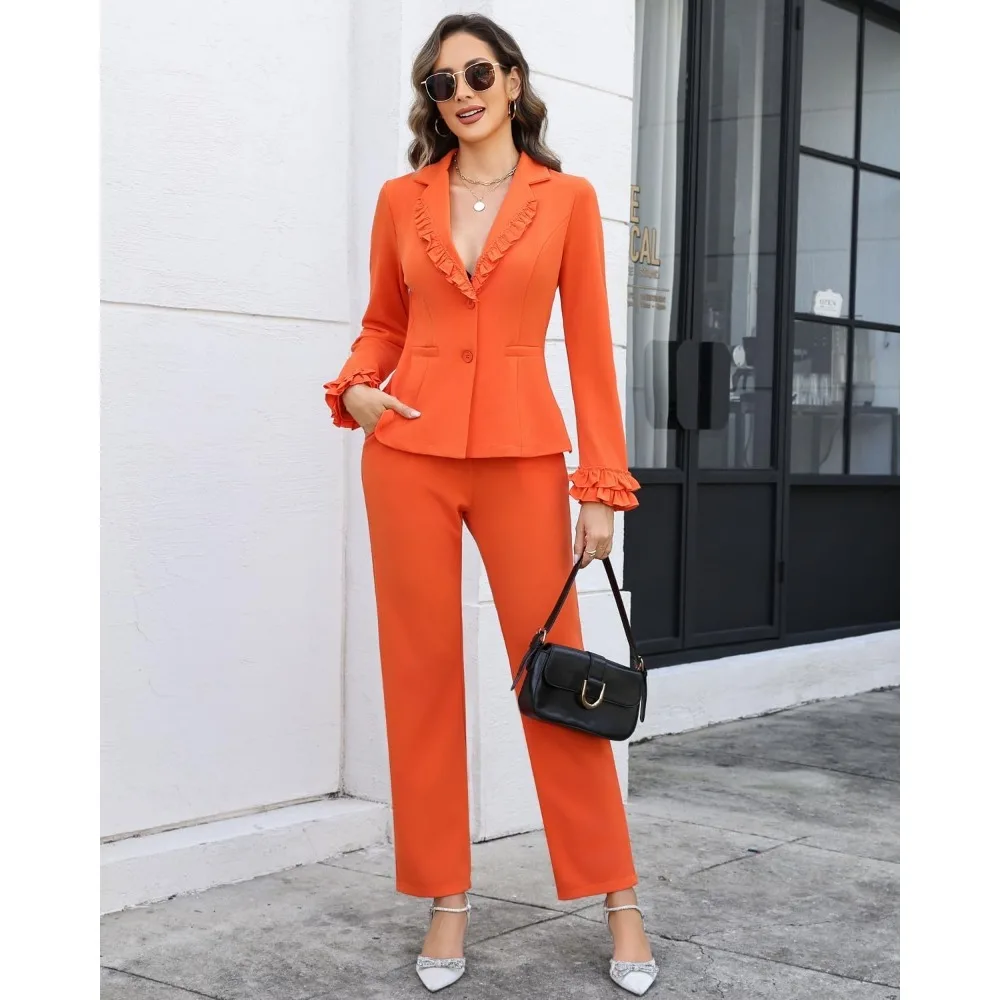 طقم بليزر نسائي مكون من قطعتين مكشكش وأكمام طويلة مكون من قطعتين، طقم بناطيل رصاص أنيق للأعمال #6