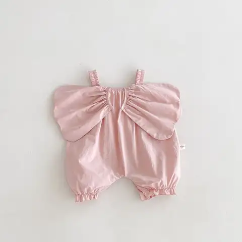 귀여운 어린이 멜빵 점프수트, 단색 소녀, 천사 날개 작업복, 느슨한 아기 면 바지, 어린이 캐주얼 바지, 여름 신상