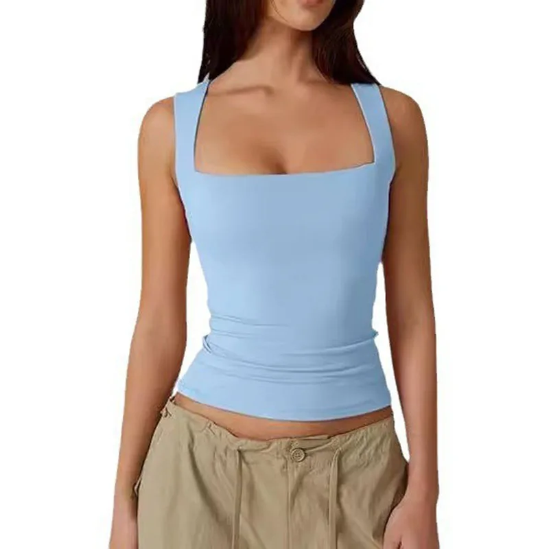Summer Women's Square Neck Sleeveless Double Layer Tank Top Basic Tight T-shirt Y2k Goth Tank Top Women Crop Tops