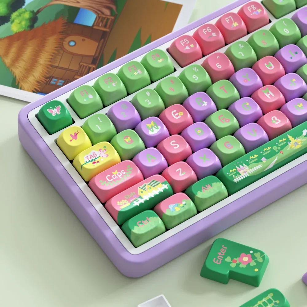 For 60/64/84/98/108 Mechanical Keyboard Cute Keycap SOA PBT 136 Key Forest Castle