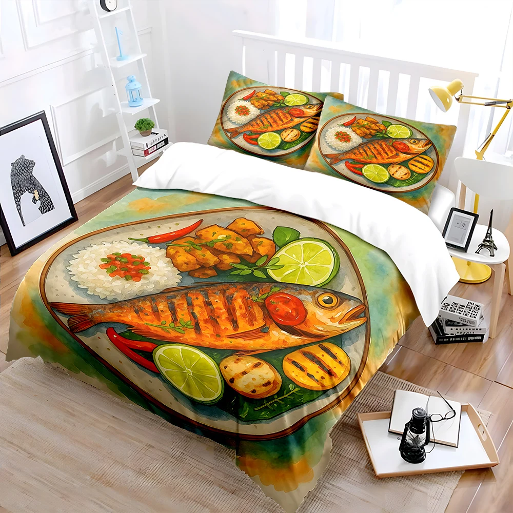 Delicious grilled fish with sides Print Soft Comfortable Duvet Cover Bedding Set Included 1*Duvet Cover  2*Pillowcases