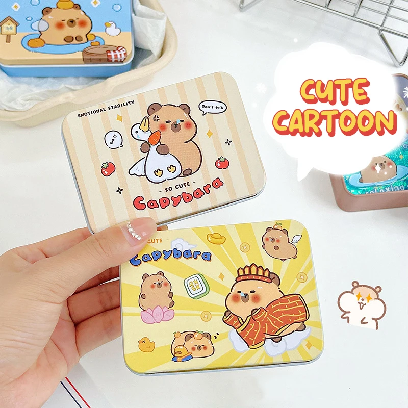 Kawaii Cartoon Capybara Card Storage Iron Box Photo Card Dustproof Box Cute Jewelry Hair Clip Small Box Creative Candy Box
