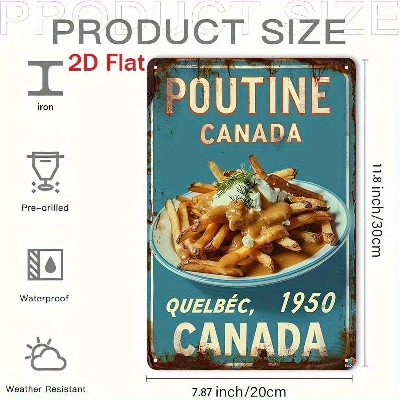2D Flat, 1 Vintage Canadian Maple Metal Tin Sign - 1950s Quebec Pizza Retro Wall Decor, Heavy Iron, Frameless, Suitable for Kitchen, Bar, Restaurant, Home - Poutine and Sauce Themed, Kitchen Wall Art | Vintage Wall Decor | Durable Wall Art, Canadian Wall