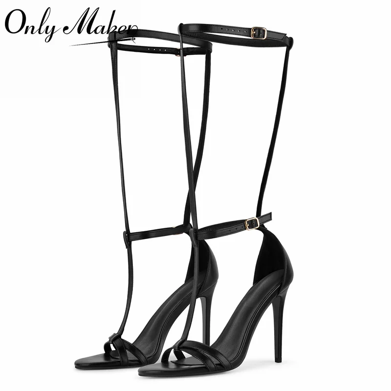 

Onlymaker Black Thin Strap Gladiator High Heel Sandals Stiletto T-Strap Double Buckle Knee Strappy Party Club Dress Sandals