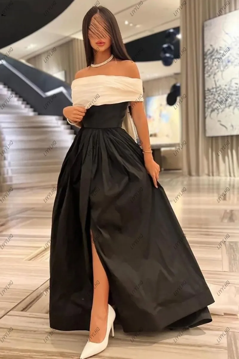 Newest Black White Evening Dresses Pleated Off Shoulder Side Slit A-Line Party Dress Women Floor-Length Custom Prom Gowns