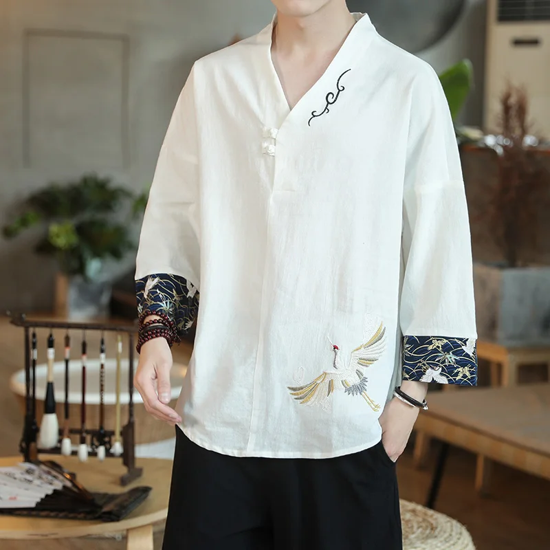 

T-shirt Men's Short-Sleeved V-neck Spring and Summer Linen Animal Pattern Embroidered Top High-End Fashion Retro Chinese Style