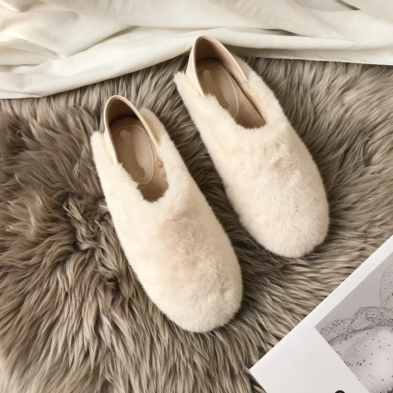 

2024 women's wool suede fashion warm plus velvet slippers step bystep footprint pointed shoes round toe solid color cotton shoes