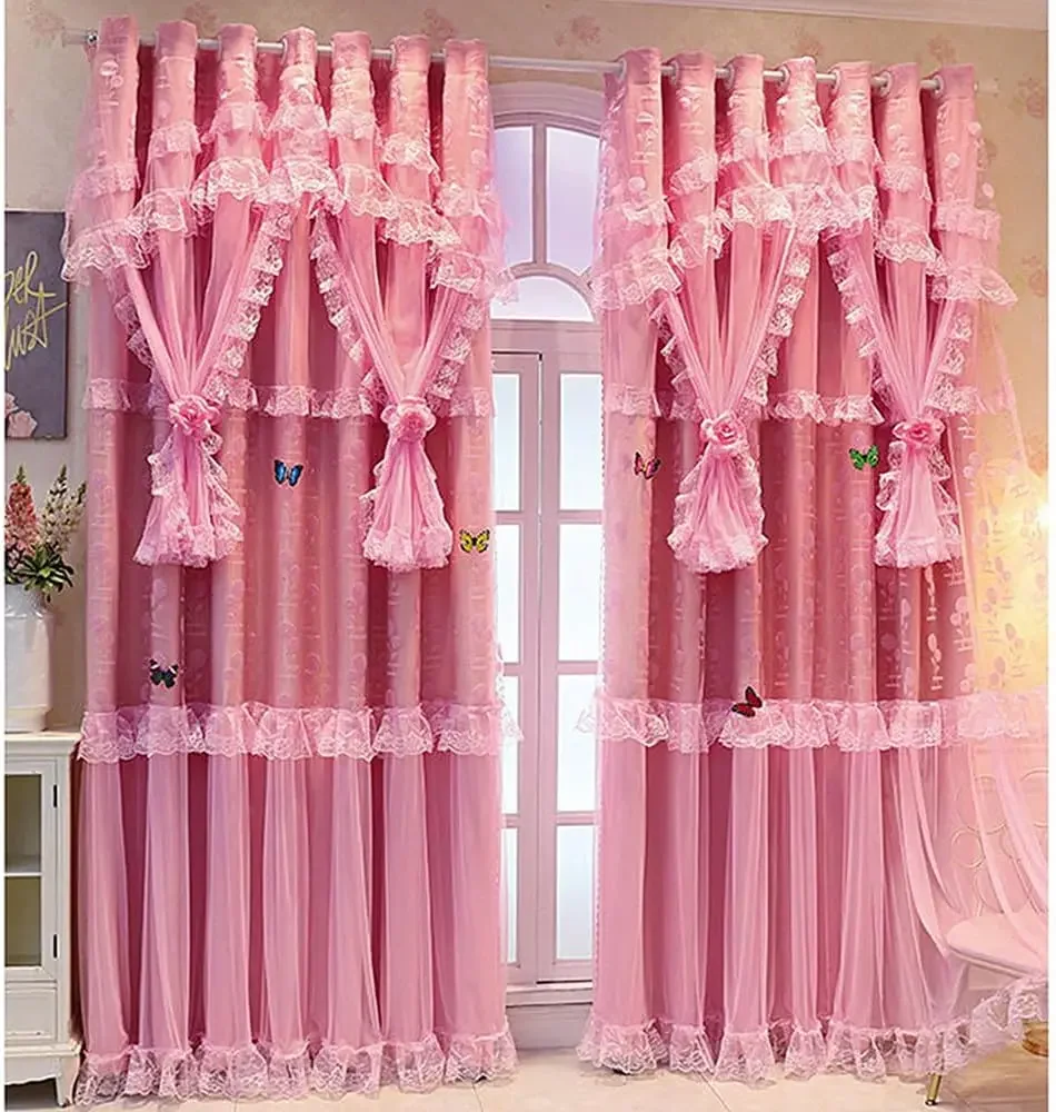 1 Panel 140cm Width Double Layer Curtain with Valance for Girls Room Bedroom Princess Style Jacquard Blackout Curtain