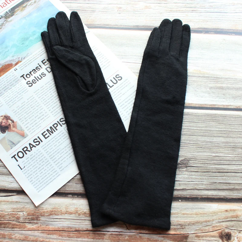 45CM Knitted Long Gloves Female Black Cashmere Single-Layer Thin Micro-Elastic Spring and Autumn Sun Protection Warm Arm Cover