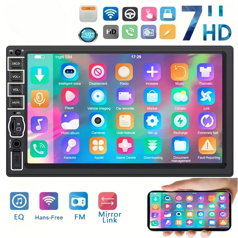 

7inch HD Double Din Car Stereo Radio MP5 Player with Steering Wheel Remote Support Mirror Link B-T Touch Screen USB TF FM AUX