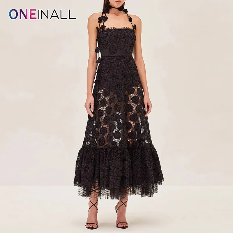 ONEINALL Patchwork Lace Up Backless Dress For Women Strapless Sleeveless High Waist Minimalist Elegant Long Dresses Female New