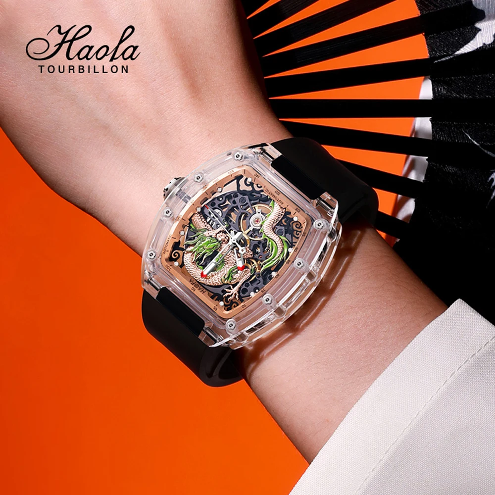 Haofa 3D Dragon Mechanical Watch for Men Automatic Hollow Transparent Wristwatch Crystal Case Luminous Waterproof Men Watch 2321