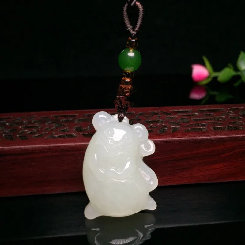 White Jade Hand Carved Zodiac Mouse Pendant, Fashionable Boutique Jewelry, Men's and Women's Zodiac Necklace Gift