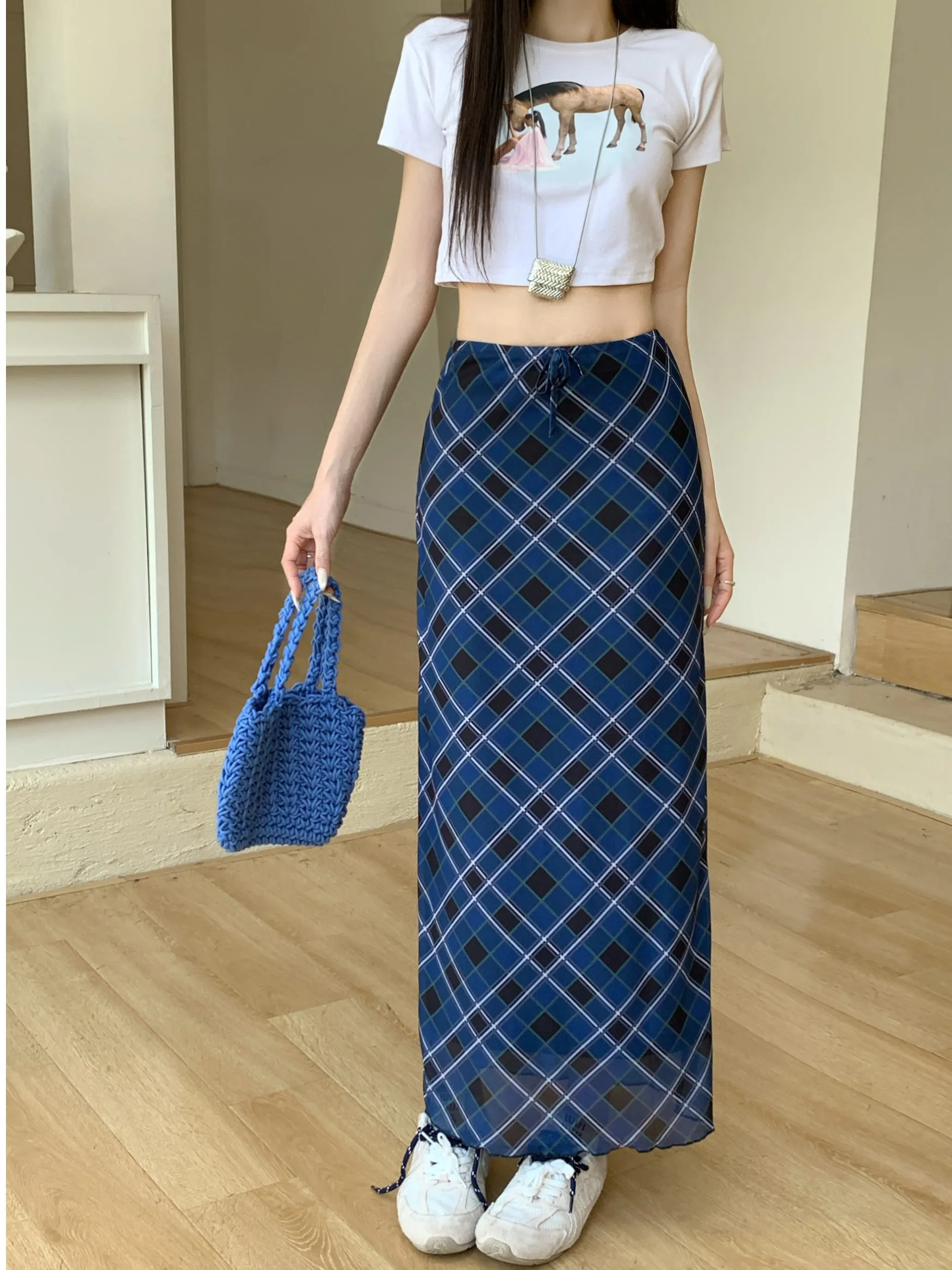 

High Waist Plaid Straight Leg Skirt for plus Size Women Summer New Sle Slimming Wrap around Long Skirt Korean Sle