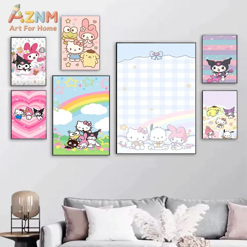 Sanrio Mixed Characters Canvas Wall Art Unframed Print Hello‑Kitty Kuromi My‑Melody Cinnamoroll Rainbow Heart Collage Poster for