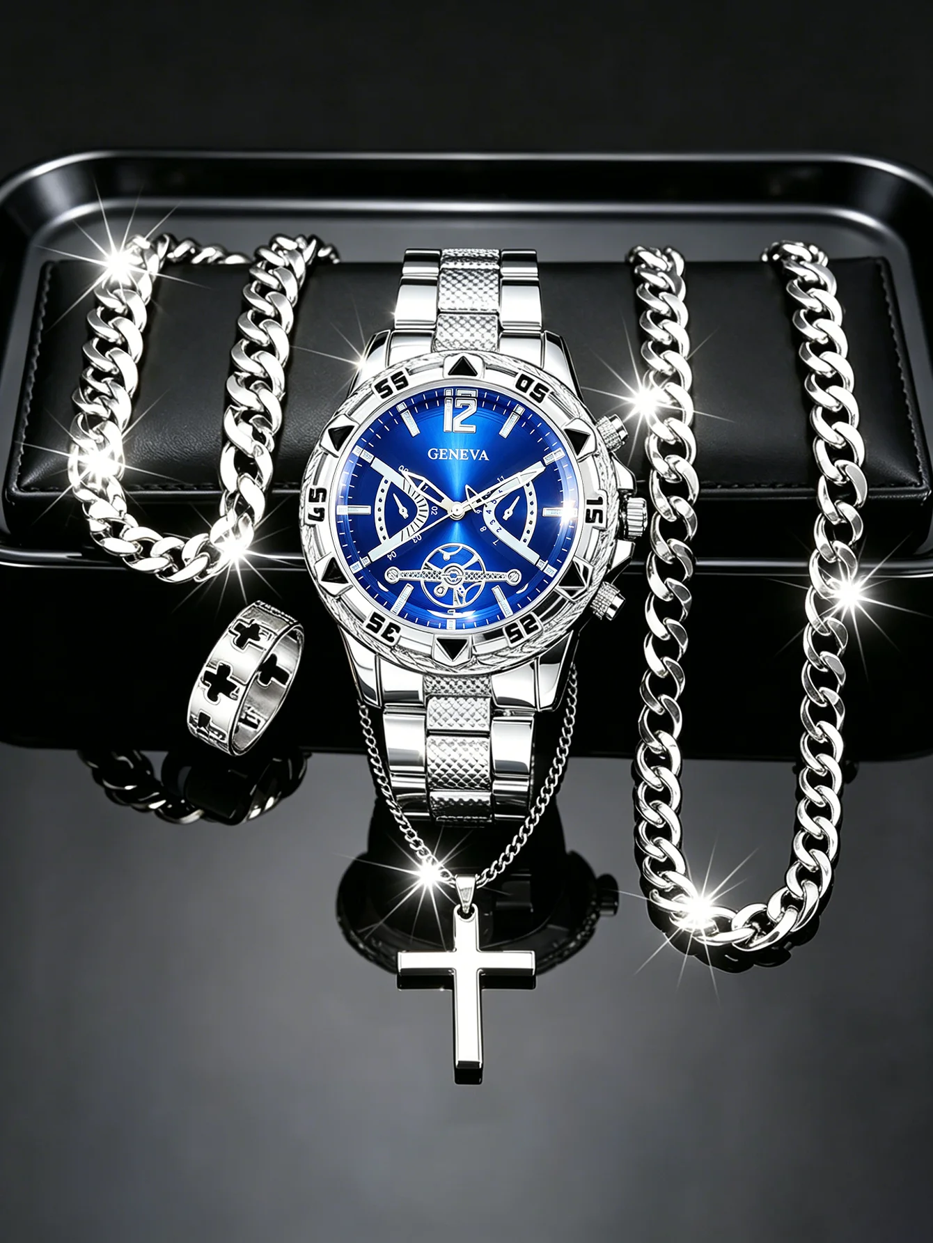 Trendy fashion men's quartz watch with chain accessories set, featuring star pattern design, ideal as a holiday gift