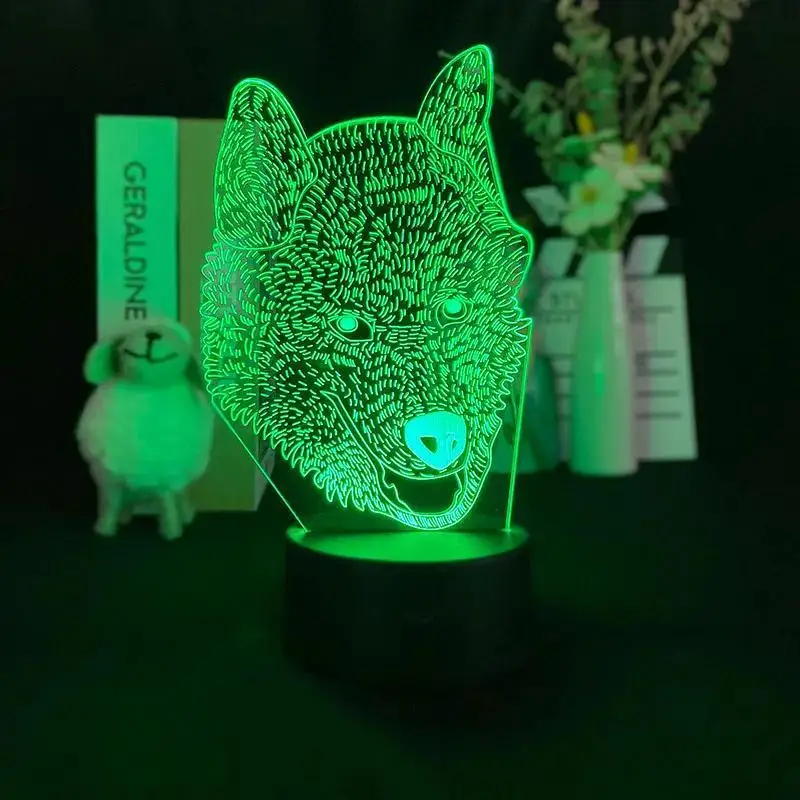 Creative Wolf Head 3D Night Light 7 Colors Animal Desk Lamp with Touch Button for Bedroom, Office Decoration Table Lamp Gifts