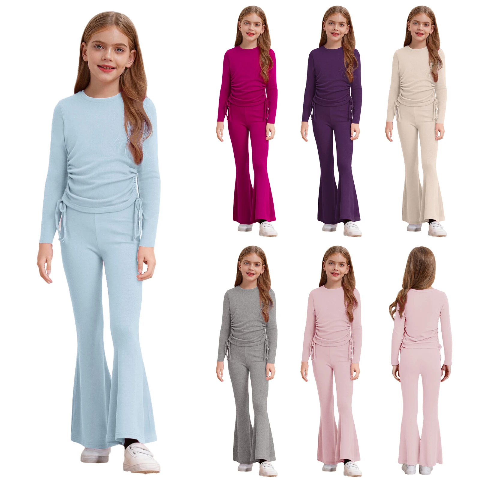 ملابس أطفال بناتي كاجوال بلون سادة وأكمام طويلة برباط مع بنطال واسع لليوجا والرقص والرياضة والجري #4