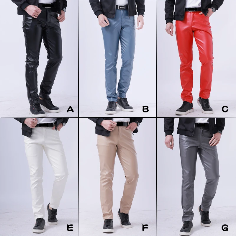 Men Leather Pants Skinny Fit Elasti Fashion PU Leather Trousers Motorcycle Pants Wet Look Stretch Faux Leather Streetwear