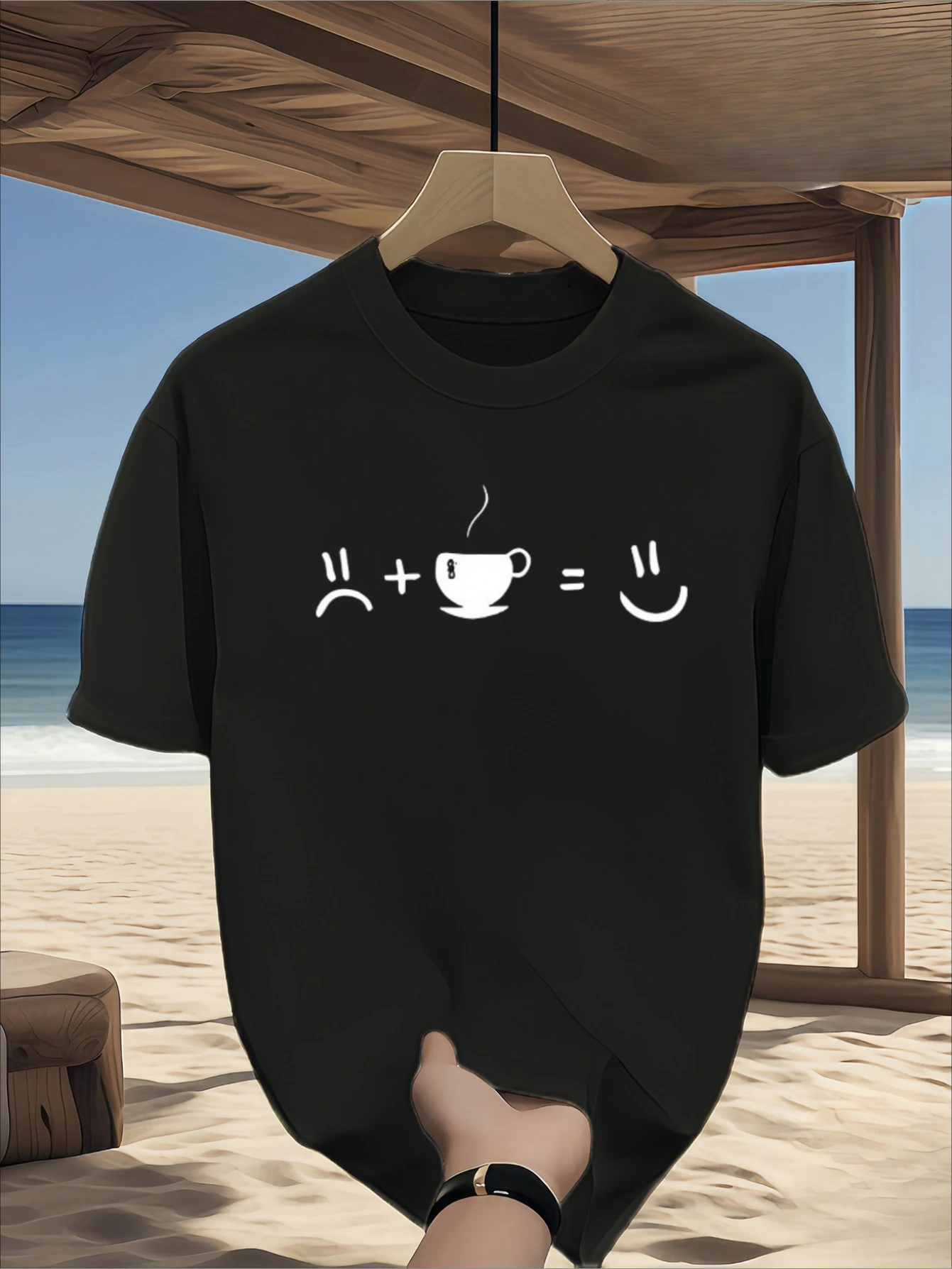 

Мужская хлопковая футболка с кофейным принтом - "Sad Face + Coffee Cup = Happy Face" Повседневная уличная футболка с круглым вырезом Мягкая повседневная спортивная футболка Four Seasons