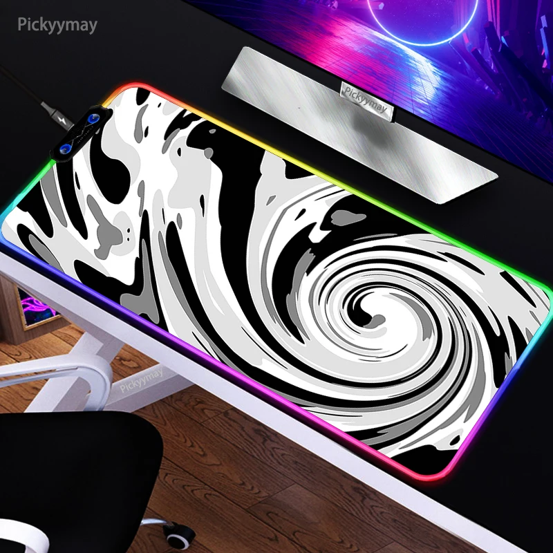 Black And White Mouse Pad Gamer Mouse Mat Simple Gaming LED Lights Large Mousepad RGB Deskpad Computer Accessories Table Mats