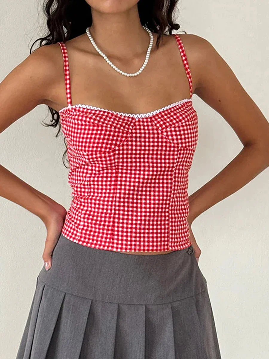 Women Red Gingham Crop Top Sleeveless Coquette Aesthetic Plaid Print Cami  Top Summer Vintage Sweet Girl Y2k Tank Top