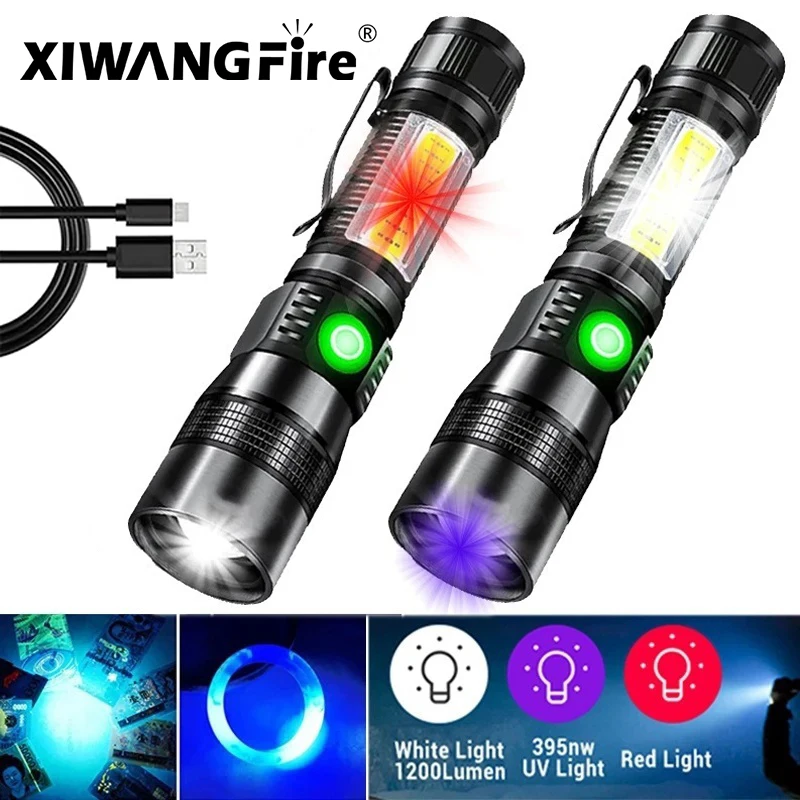 1200Lumen LED Flashlight With Magnetic UV Light Flashlight COB Side Light LED Torch Zoomable Outdoor Waterproof For Camping