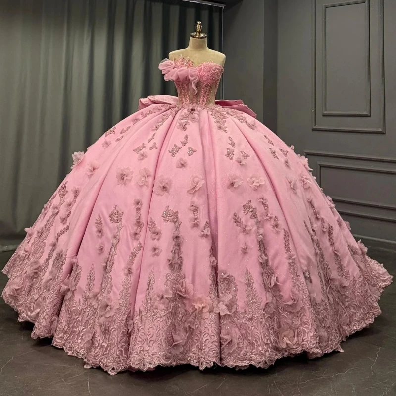 

Pink Quinceanera Dresses Applique Flower Beading Crystal Bow Tull Party Birthday Princess Off The Shoulder Sweet 16 Dress Vestid