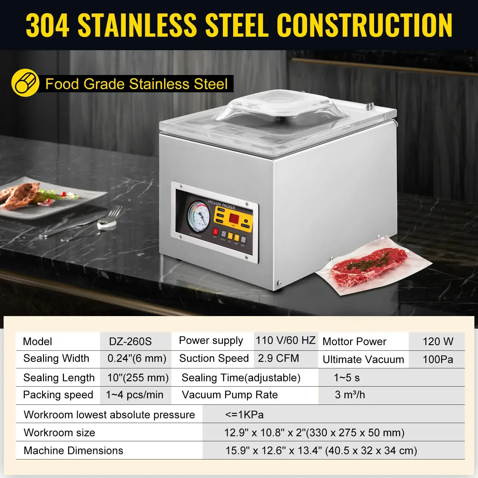 DZ-260C 챔버 진공 포장기 320W 진공 포장기, 식품 및 육류용 12.6인치 실링 길이, 주방용