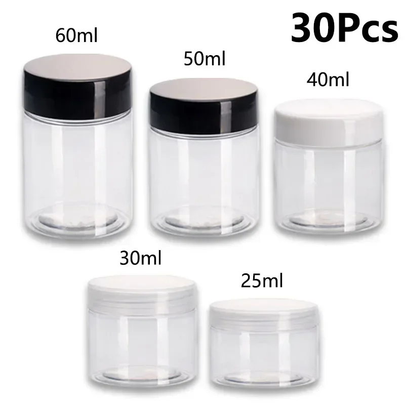 

30Pcs 25/30/40/50/60ml Transparent Lotion Jars Plastic Round Eye Cream Powder Sample Bottles Refillable Makeup Storage Container