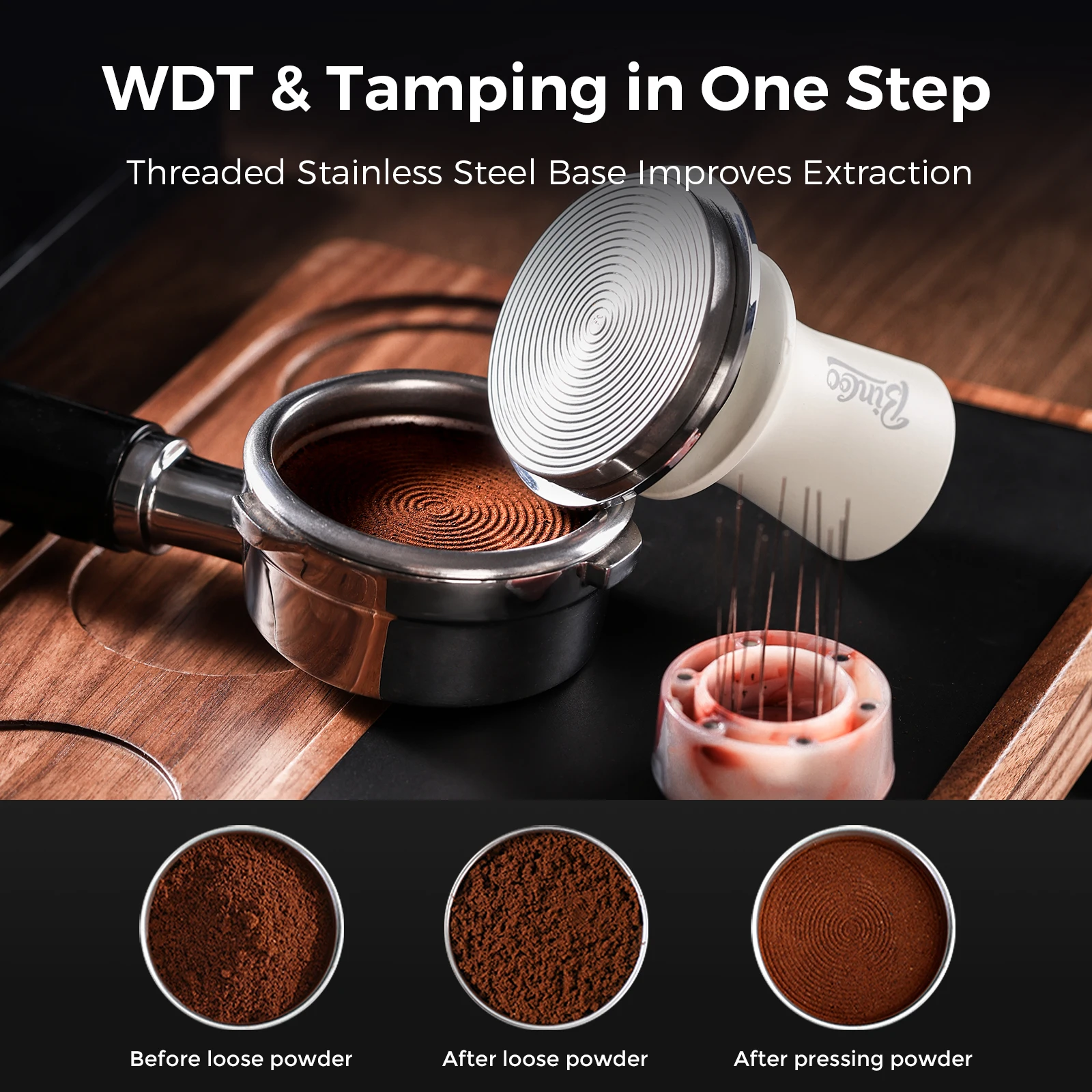 Bincoo Coffee WDT Needle and Tamper 51/58 Espresso Machine Even Grounds Distribution and Consistent Pressure Tamping Accessories