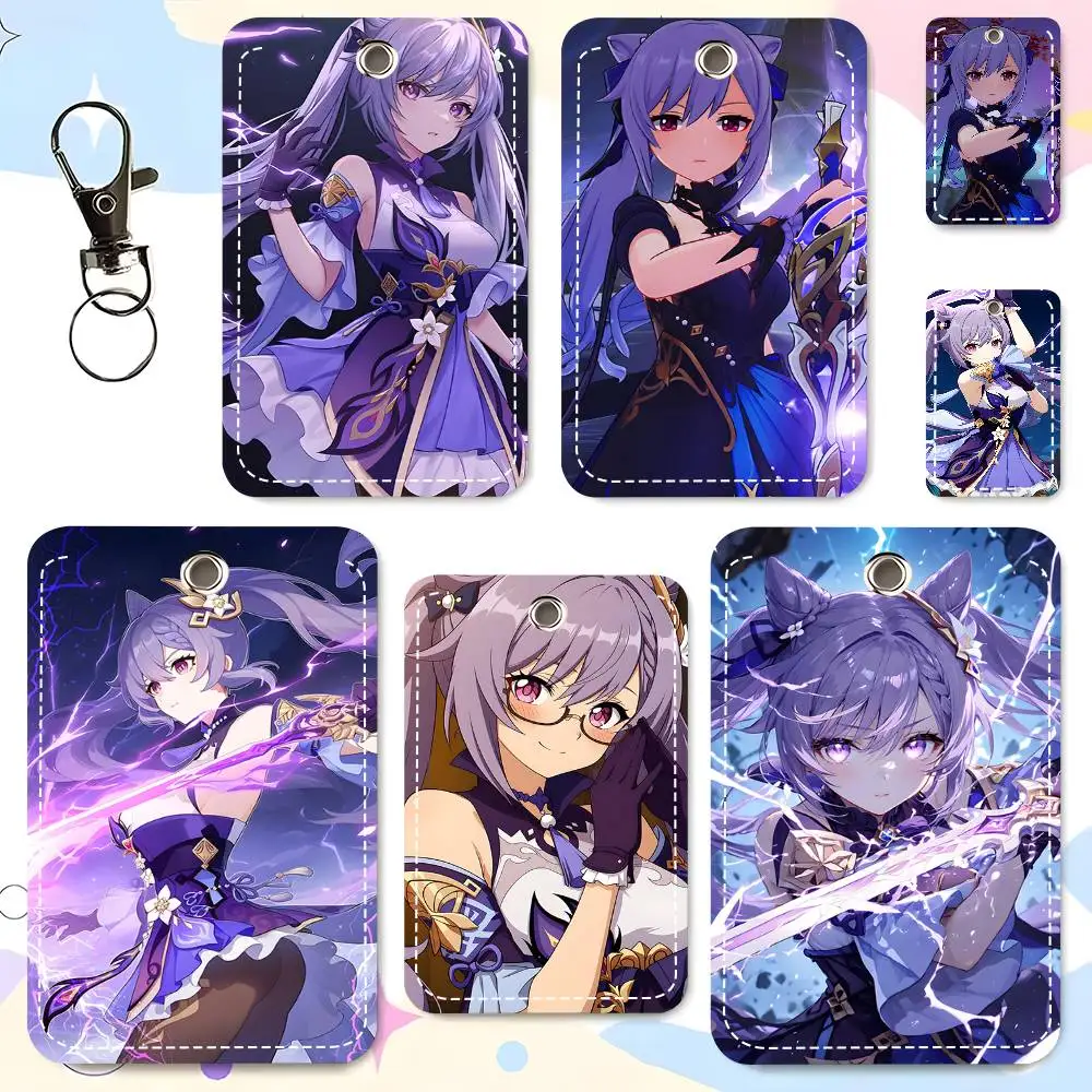 1pc Game Genshin Keqing Card Case Keychain Access Card Bag Key Tag Ring Leather Card Holder Key Ring Access