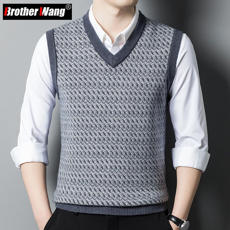 Autumn Winter New Men's Thickened Round Neck Wool Vest Business Casual Soft Fabric Pullover Sleeveless Jacquard Vest