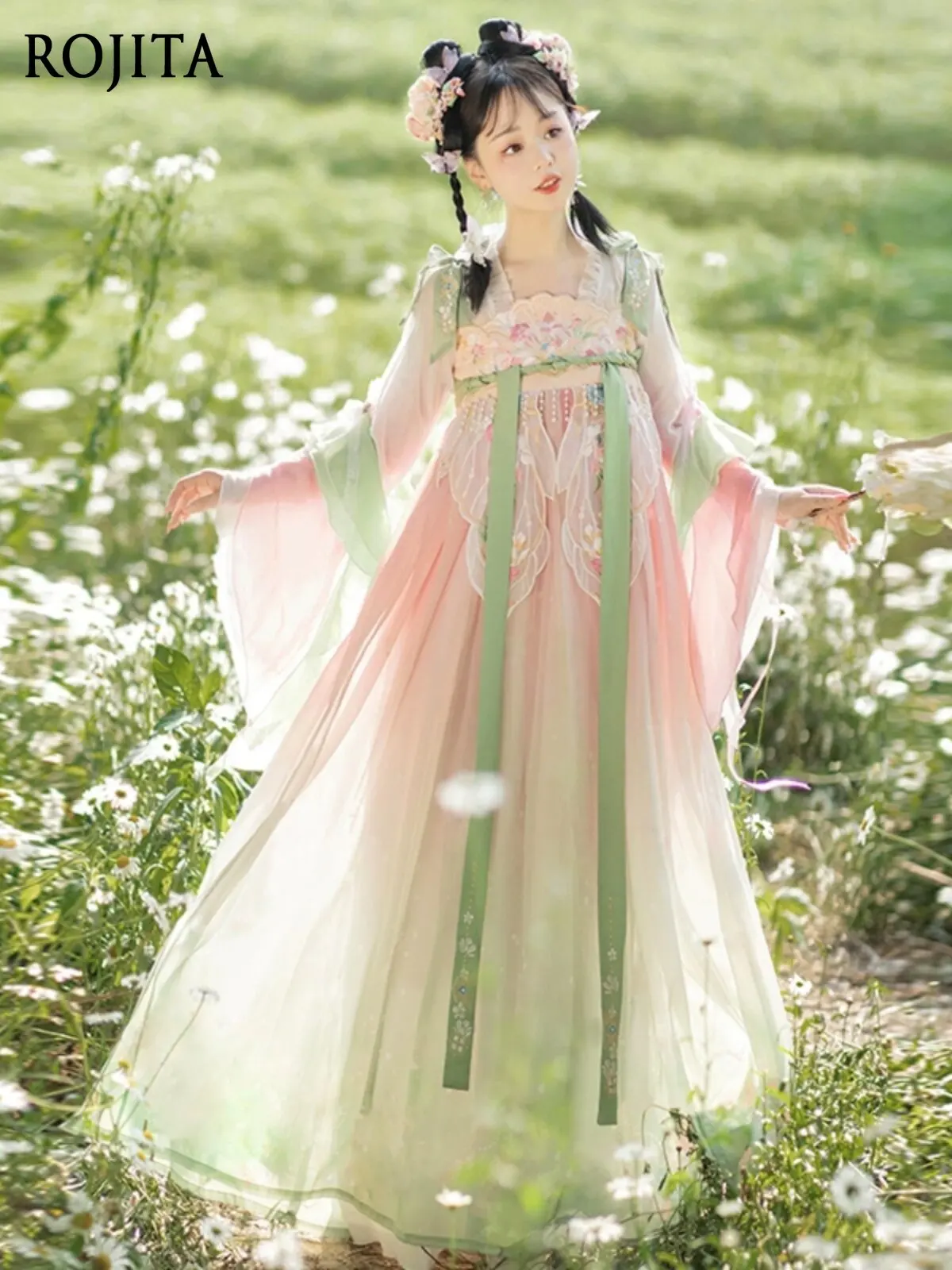 Vestido Hanfu Chino Vintage 2026, Nuevo, Degradado Rosa y Verde, Bordado, Estilo Dulce para Chicas, Traje Tradicional de Primavera/Verano, Estilo Tang, Ruqun