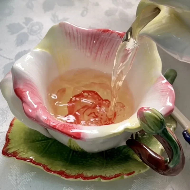 Korean-Inspired Ceramic Coffee Mug Set with Hand-Drawn Roses – Underglaze Colored Dessert Cups & Saucers for Home Afternoon Tea