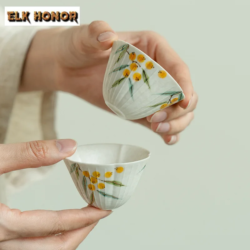2pc/lot Hand-painted Loquat Teacup Antique Tea Bowl Set Of Cups Tea-tasting Smelling Cup Chazhan Master Cups Chinese Teaset 45ml