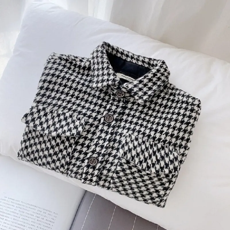 Moda neonata ragazzo pied de poule camicia giacca infantile bambino bambino camicia lana vestito allentato primavera autunno bambino abbigliamento