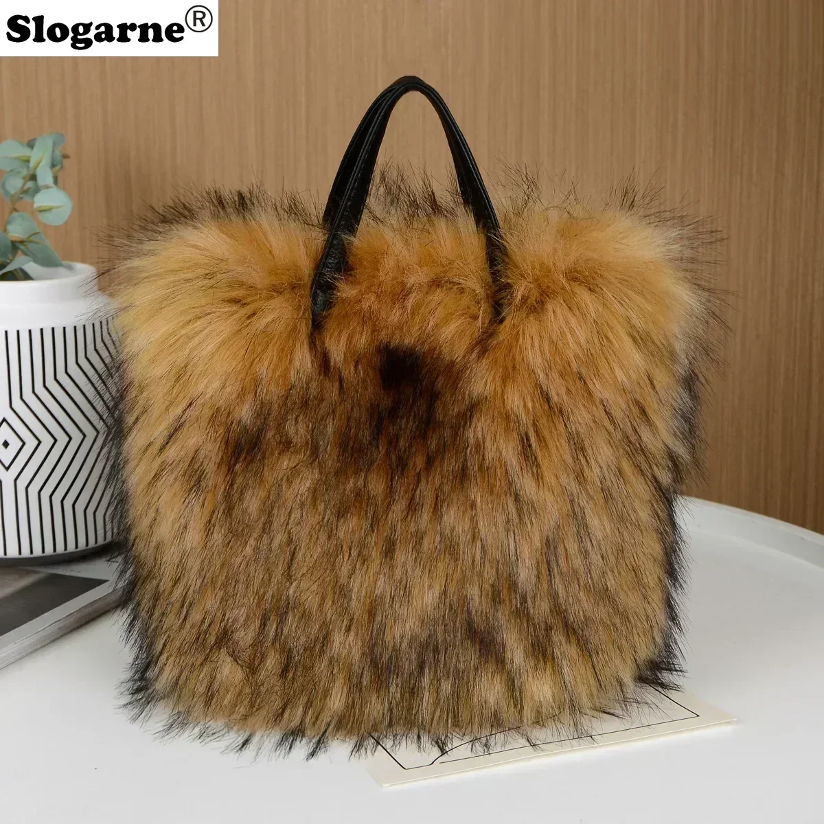 Luxury Design Women\'s Faux Fur Handbag Winter Soft and Fluffy Large Capacity Tote Bag High Quality Pu Splicing Shopper Purses