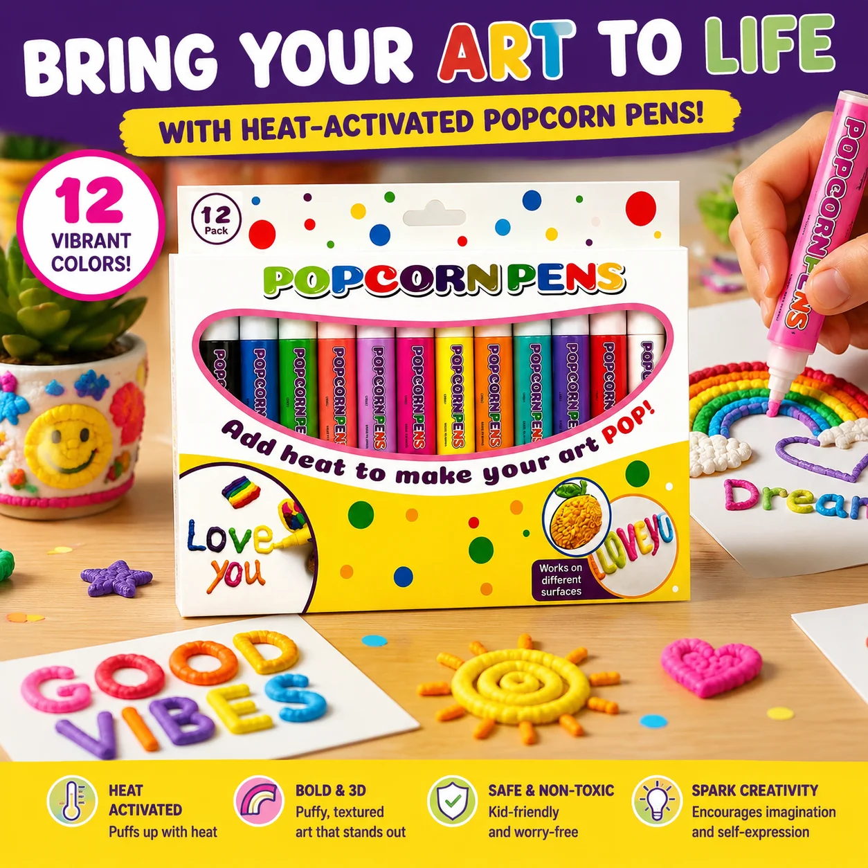 12 Color Popcorn Pens Heat Activated Puffy Paint Markers 3D Bubble Drawing Pens DIY Crafts Greeting Cards Journal Decoration