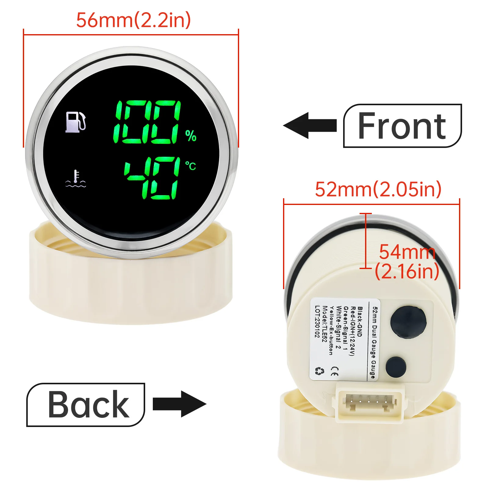 CustomWaterproof 52MM Dual Gauge Fuel Level Gauge+Water Temp Meter With Alarm 0-190ohm Fuel Level Sender Unit Temperature Sensor