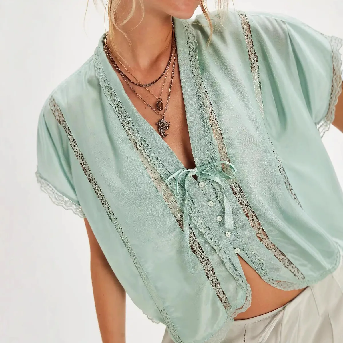 

Women Blouses Single Breasted Shirts Lace Spliced V Neck Cardigan Short Sleeve Loose Shirt Casual Solid Summer Slight Strech