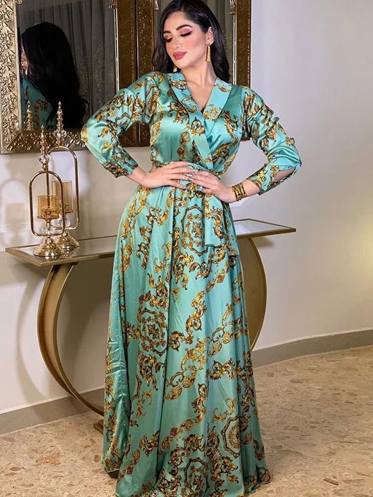 Wiosenna muzułmańska sukienka damska jedwabna marokańska Kaftan z długim rękawem turcja dubaj sznurowane Abaya islamska odzież Vestido indie sukienki 2022